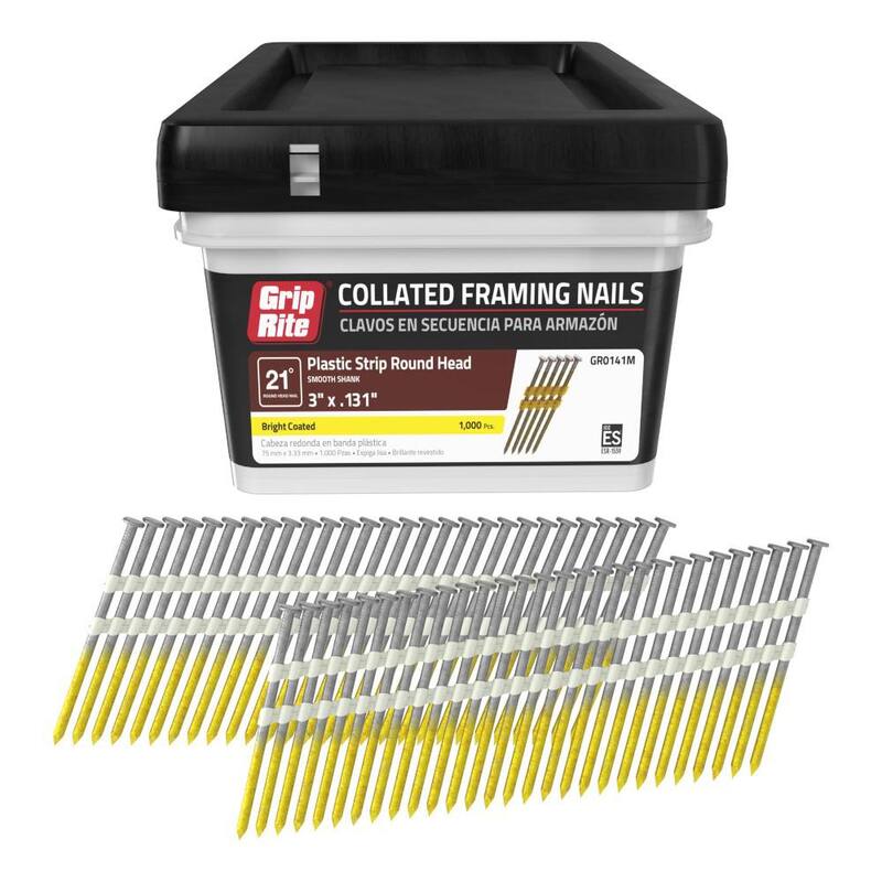 Grip-Rite 3 in. x 0.131 in. 21° Plastic Collated Bright Coated Smooth Shank Round Head Nails 1000 per Box - GR0141M