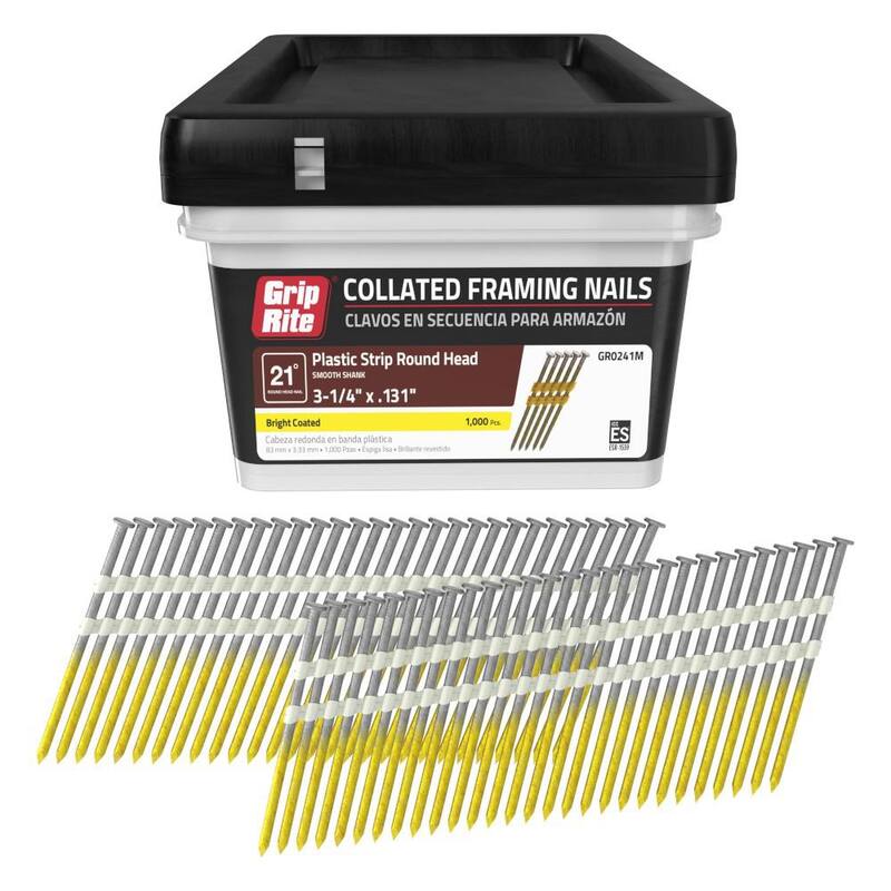Grip-Rite 3-1/4 in. x 0.131 in. 21° Plastic Collated Bright Coated Smooth Shank Round Head Framing Nails 1000 per Box - GR0241M