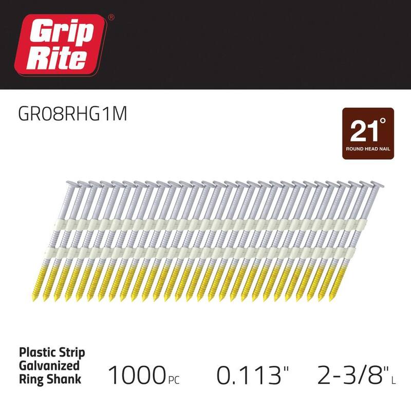 Grip-Rite 2-3/8 in. x 0.113 in. 21° Plastic Collated Exterior Galvanized Ring Shank Round Head Framing Nails 1000 per Box - GR08RHG1M