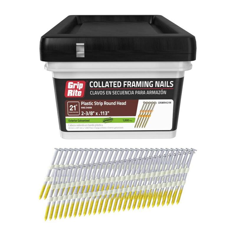 Grip-Rite 2-3/8 in. x 0.113 in. 21° Plastic Collated Exterior Galvanized Ring Shank Round Head Framing Nails 1000 per Box - GR08RHG1M