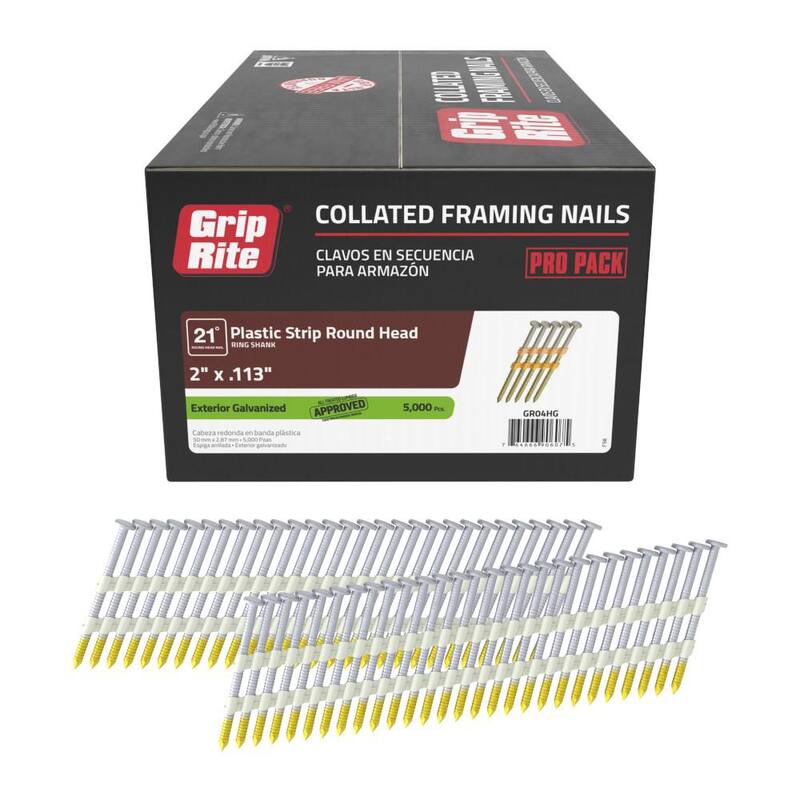 Grip-Rite 2 in. x 0.113 in. 21° Plastic Collated Exterior Galvanized Ring Shank Round Head Framing Nails 5000 per Box - GR04HG