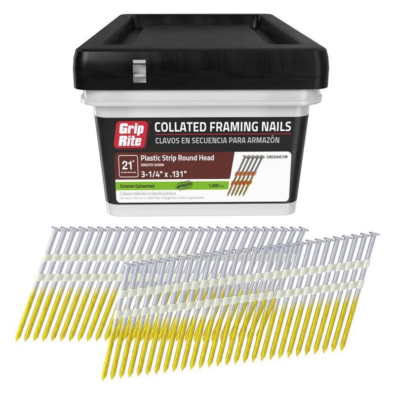 Grip-Rite 3-1/4 in. x 0.131 in. 21° Plastic Collated Exterior Galvanized Smooth Shank Framing Nails 1000 per Box - GR034HG1M