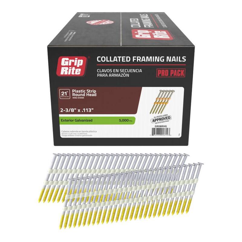 Grip-Rite 2-3/8 in. x 0.113 in. 21° Plastic Collated Exterior Galvanized Ring Shank Framing Nails 5000 per Box - GR08RHG