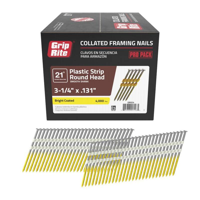 Grip-Rite 3-1/4 in. x 0.131 in. 21° Plastic Collated Bright Coated Steel Smooth Shank Framing Nails 4000 per Box - GR024