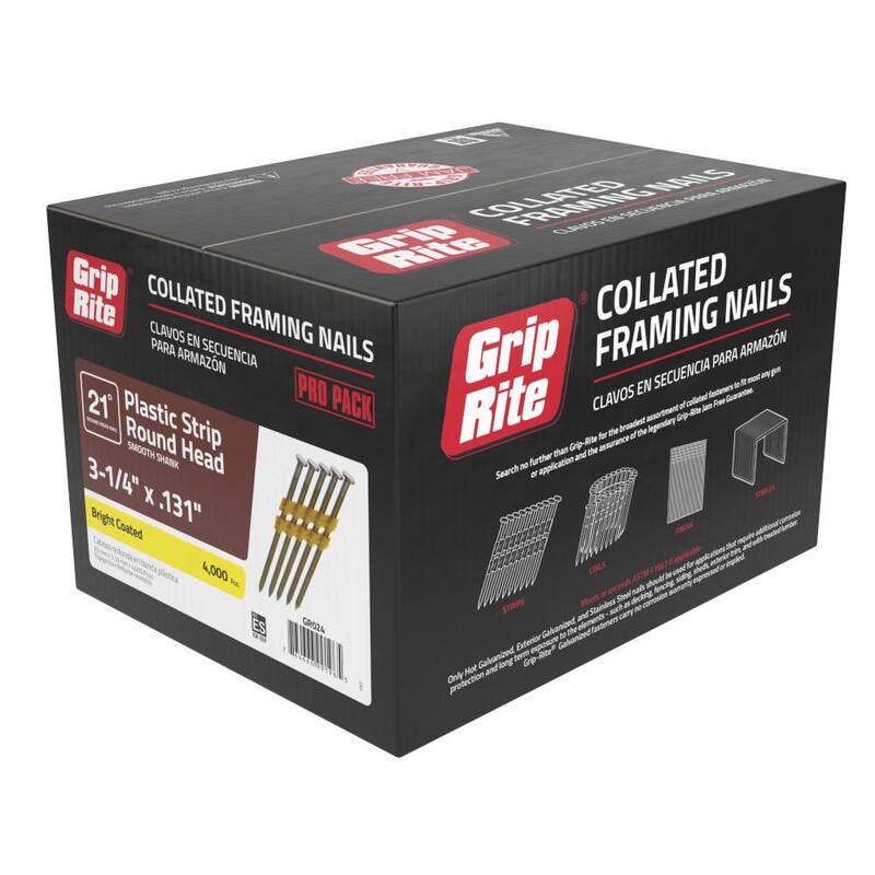 Grip-Rite 3-1/4 in. x 0.131 in. 21° Plastic Collated Bright Coated Steel Smooth Shank Framing Nails 4000 per Box - GR024