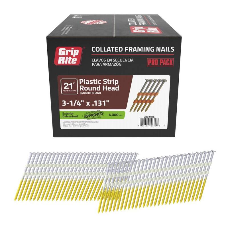 Grip-Rite 3-1/4 in. x 0.131 in. 21° Plastic Collated Exterior Galvanized Smooth Shank Round Head Framing Nails 4000 per Box - GR034HG