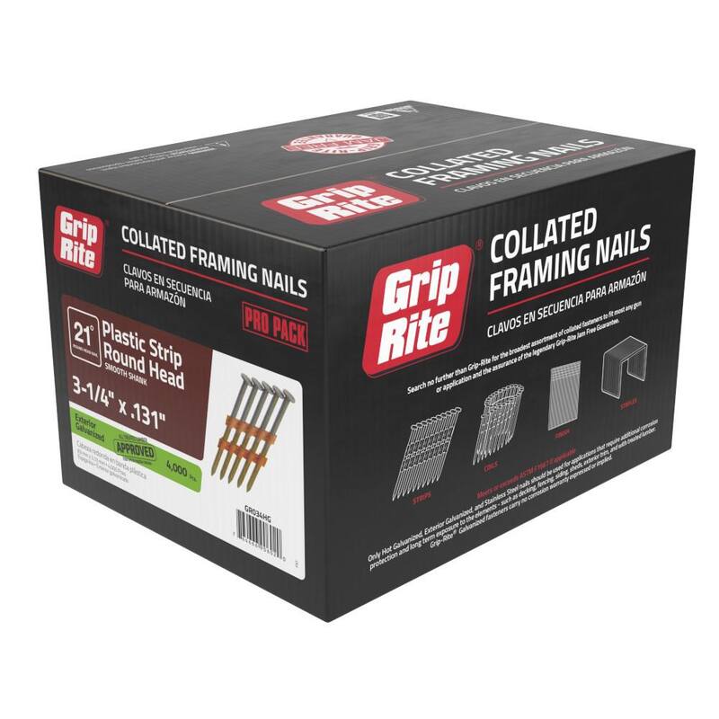 Grip-Rite 3-1/4 in. x 0.131 in. 21° Plastic Collated Exterior Galvanized Smooth Shank Round Head Framing Nails 4000 per Box - GR034HG