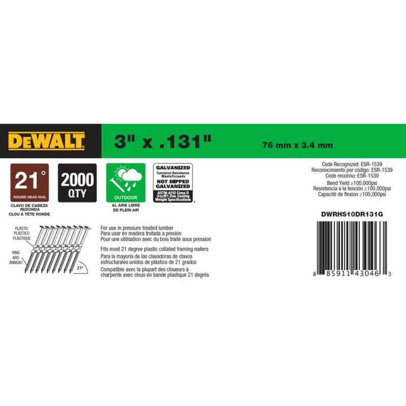 DEWALT 3 in. x 0.131 in. Ring Shank Galvanized Metal Framing Nails (2000 Pack) - DWRHS10DR131G