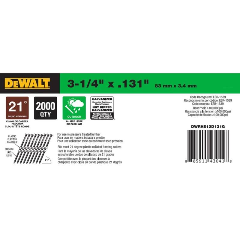 DEWALT 3-1/4 in. x 0.131 in. Galvanized Metal Framing Nails 2000 per Box - DWRHS12D131G