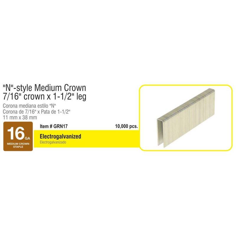 Grip-Rite 7/16 in. x 1-1/2 in. 16-Gauge Electrogalvanized N-Style Medium Crown Staples 10000 per Box - GRN17