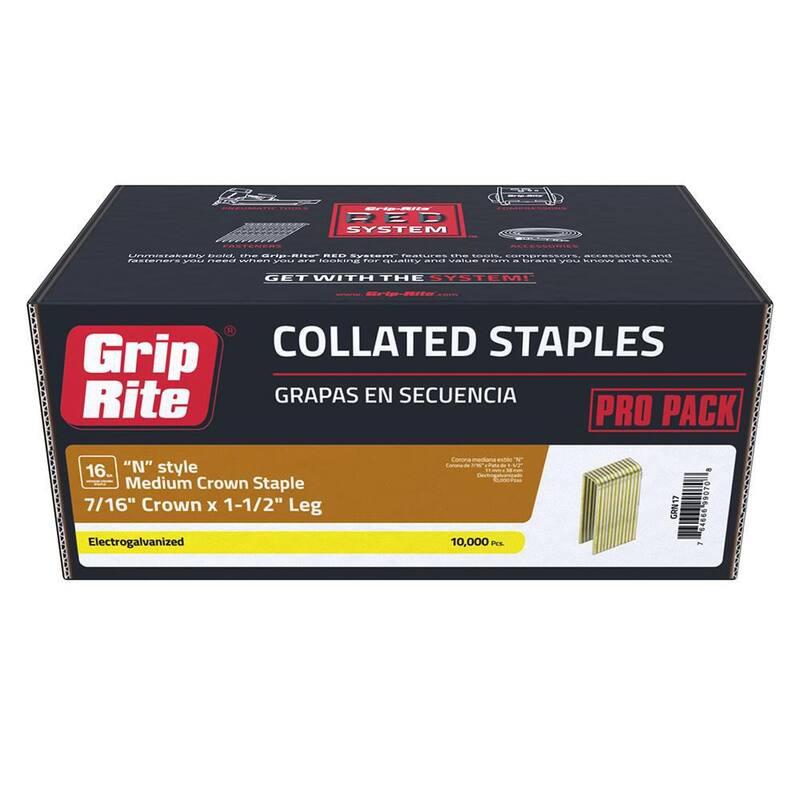 Grip-Rite 7/16 in. x 1-1/2 in. 16-Gauge Electrogalvanized N-Style Medium Crown Staples 10000 per Box - GRN17