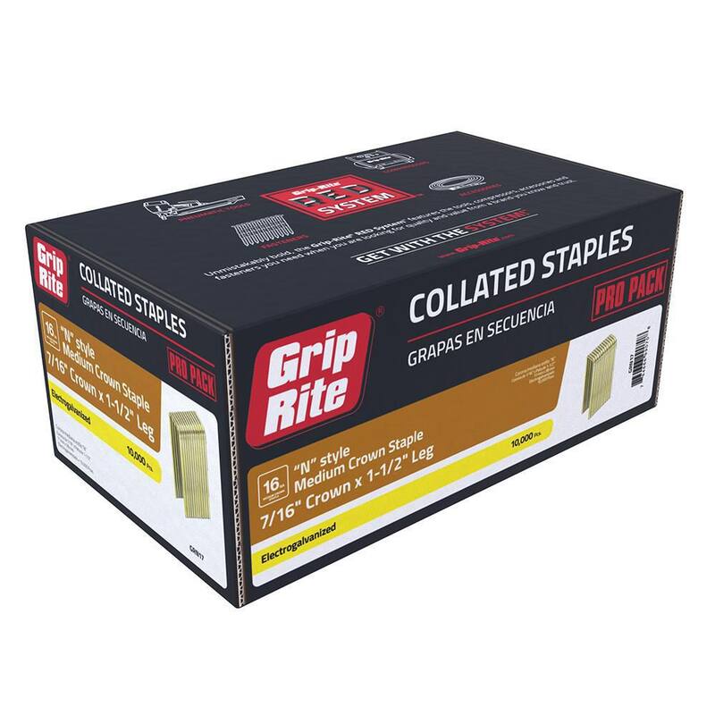 Grip-Rite 7/16 in. x 1-1/2 in. 16-Gauge Electrogalvanized N-Style Medium Crown Staples 10000 per Box - GRN17