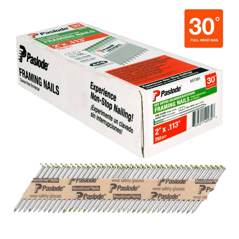 Paslode 2 in. x 0.113 Round Drive 30-Degree Steel Galvanized Ring Shank Paper Tape Framing Nails (750 per Box ) - 657381