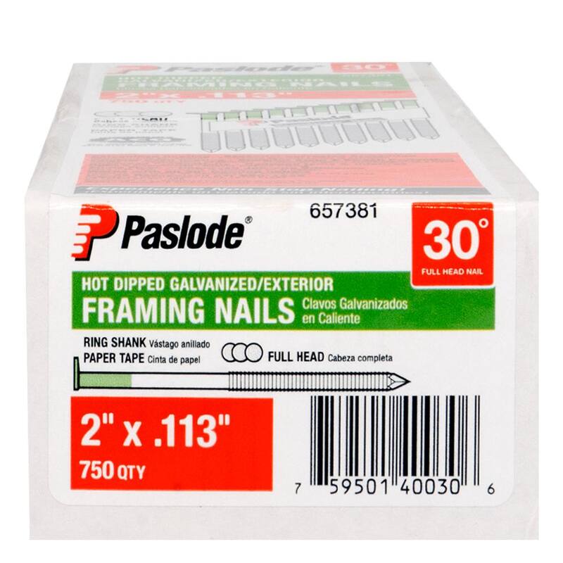 Paslode 2 in. x 0.113 Round Drive 30-Degree Steel Galvanized Ring Shank Paper Tape Framing Nails (750 per Box ) - 657381