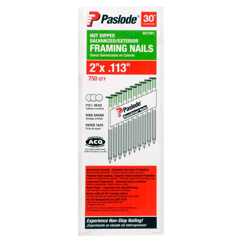 Paslode 2 in. x 0.113 Round Drive 30-Degree Steel Galvanized Ring Shank Paper Tape Framing Nails (750 per Box ) - 657381
