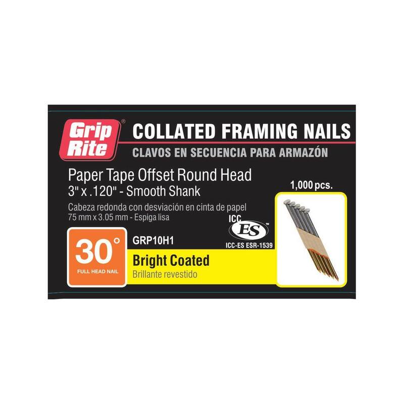 Grip-Rite 3 in. x 0.120 in. 30° Paper Collated Bright Coated Smooth Shank Round Head Framing Nails 1000 per Box - GRP10H1
