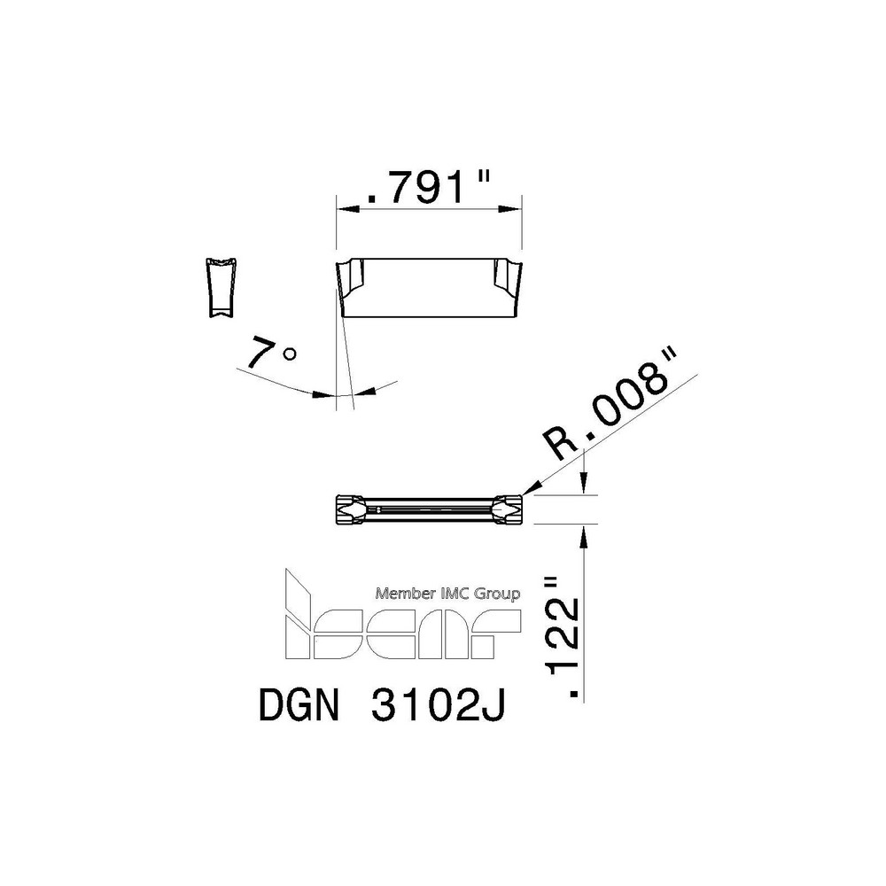 Iscar Cutoff Insert: DGN3102J IC808, Carbide, 3.10 mm Cutting Width, 0.1220" Cutting Width - 6011371