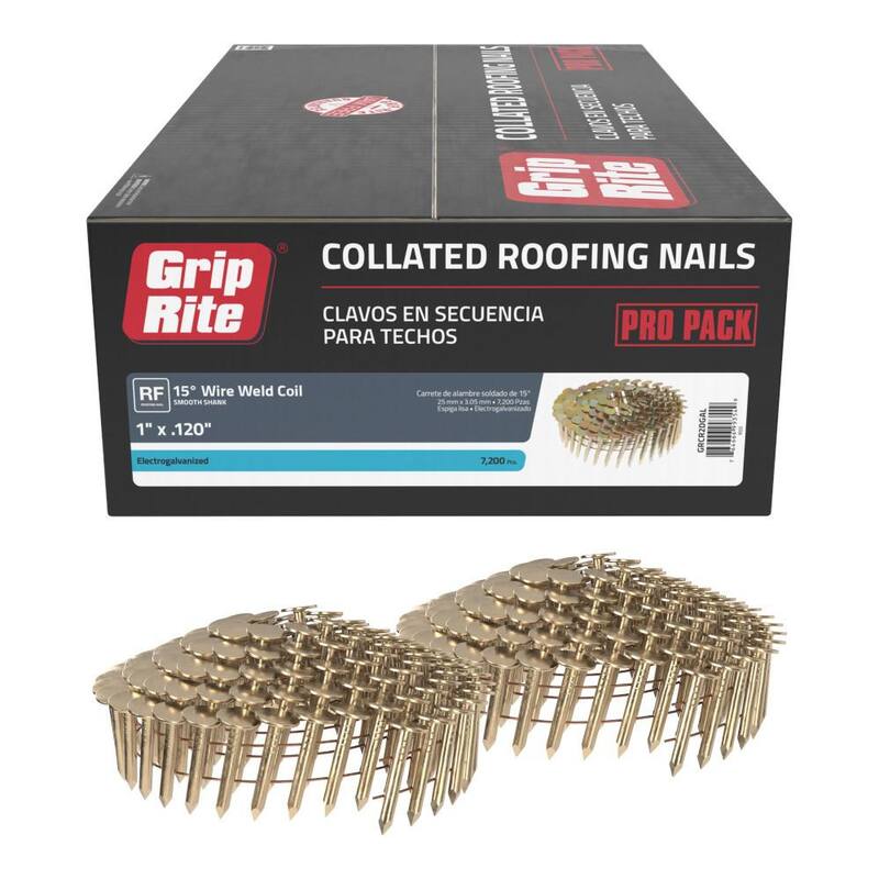 Grip-Rite 1 in. x 0.120 in. 15° Wire Collated Electrogalvanized Smooth Shank Coil Roofing Nails 7200 per Box - GRCR2DGAL