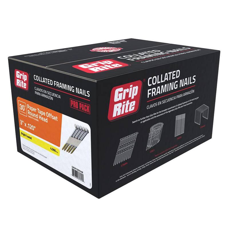 Grip-Rite 3 in. x 0.120 in. 30° Paper Collated Bright Coated Smooth Shank Offset Round Head Framing Nails 4000 per Box - GRSP10DH4M