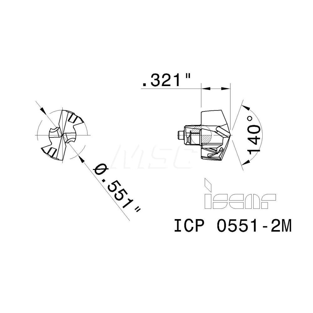 Iscar Replaceable Drill Tips: ICP0551-2M IC908, 0.5510" Dia, 14.00 mm Dia, 140 deg Point,  IC908 - 5508777