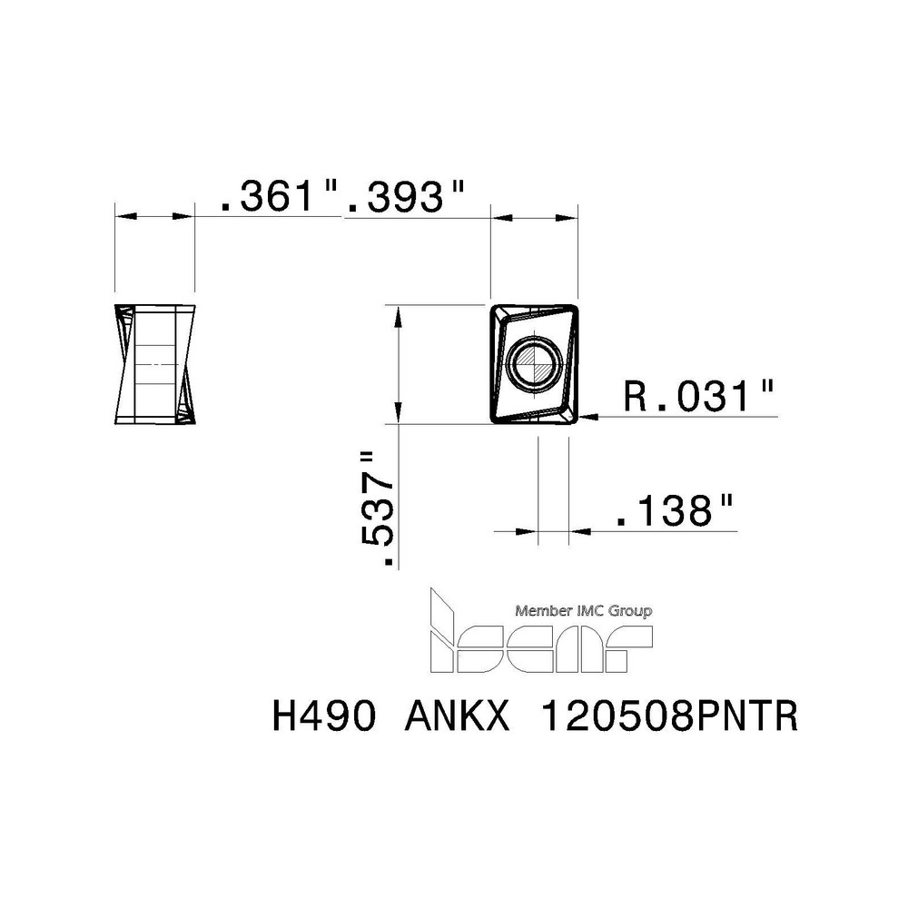 Iscar Milling Insert: ANSI H490 ANKX 120508PNTR IC830, ISO H490 ANKX 120508PNTR, IC830, Solid Carbide - 5605564