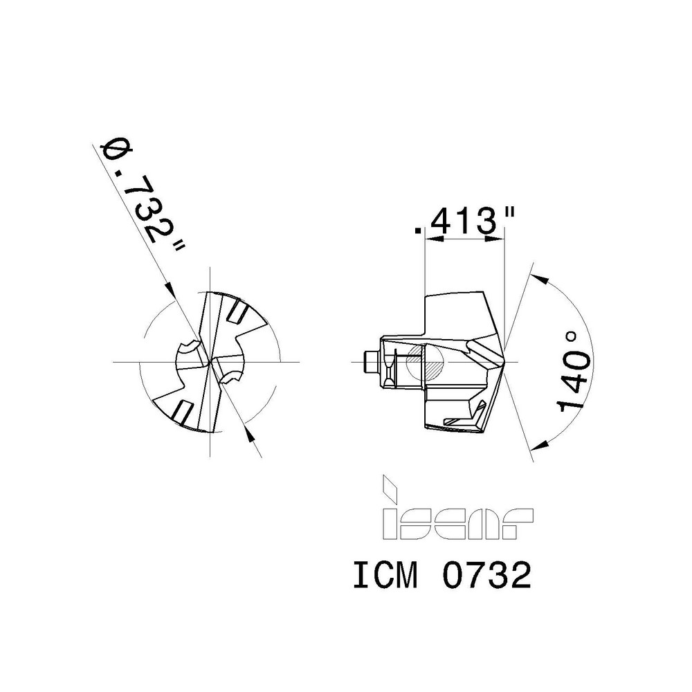 Iscar Replaceable Drill Tips: ICM0732 IC908, 0.7320" Dia, 18.59 mm Dia, 140 deg Point,  IC908 - 5508604