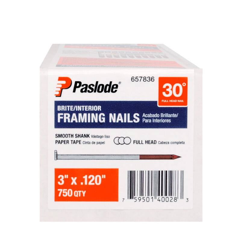Paslode 3 in. x 0.120 Round Drive 30-Degree Brite Steel Smooth Shank Paper Tape Framing Nails (750 per Box ) - 657836