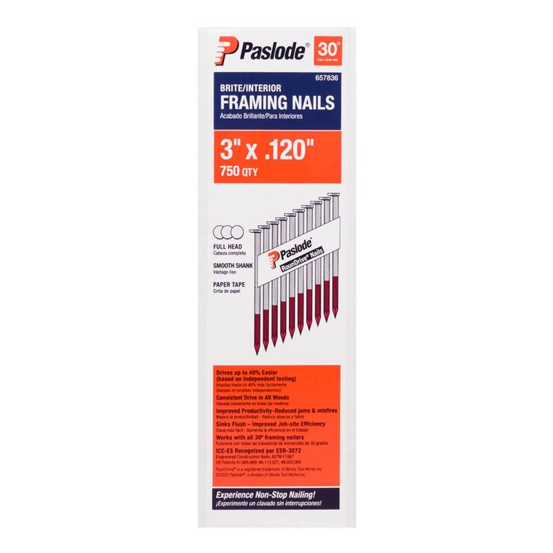 Paslode 3 in. x 0.120 Round Drive 30-Degree Brite Steel Smooth Shank Paper Tape Framing Nails (750 per Box ) - 657836