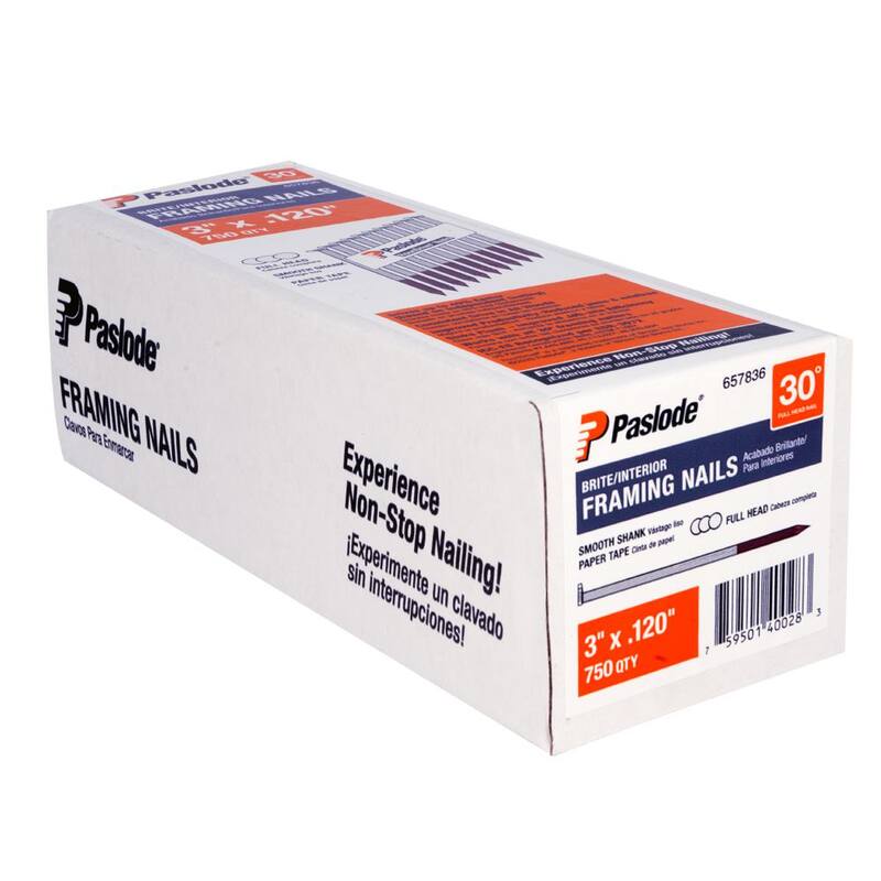 Paslode 3 in. x 0.120 Round Drive 30-Degree Brite Steel Smooth Shank Paper Tape Framing Nails (750 per Box ) - 657836