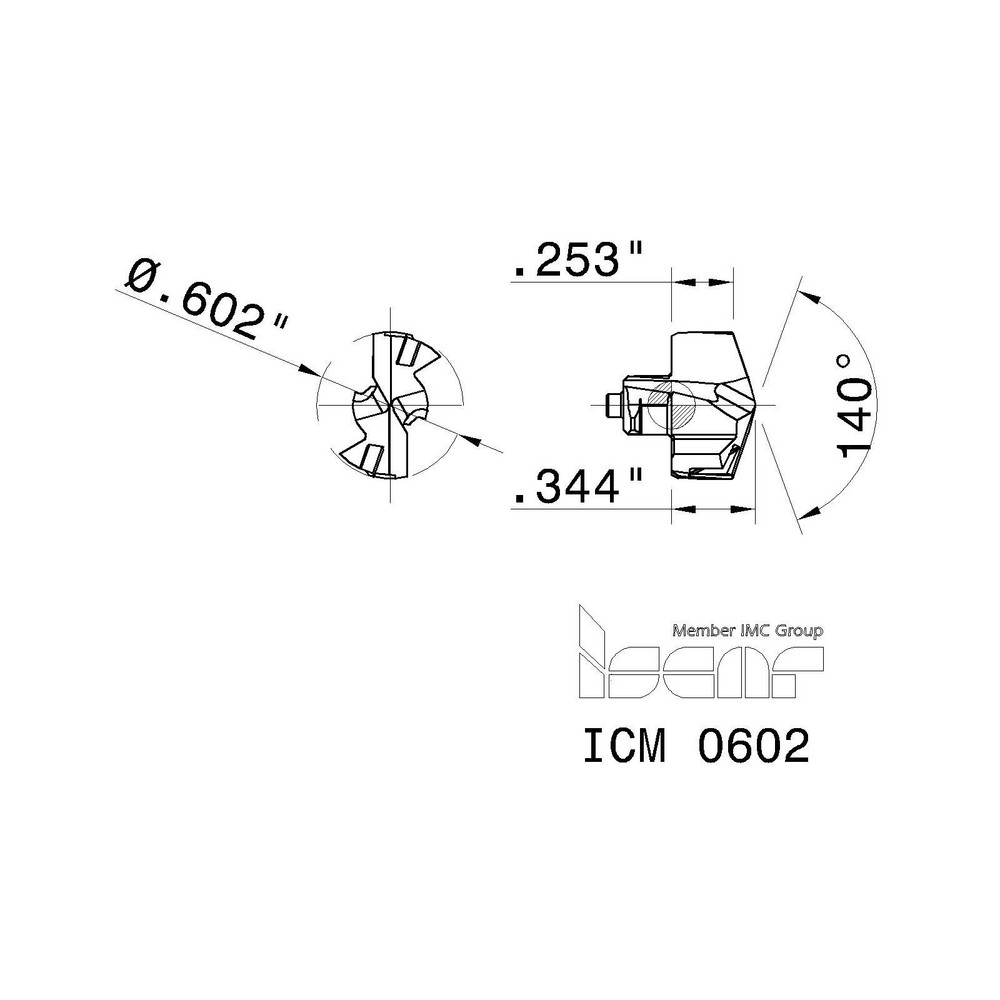 Iscar Replaceable Drill Tips: ICM0602 IC908, 0.6020" Dia, 15.29 mm Dia, 140 deg Point,  IC908 - 5508458