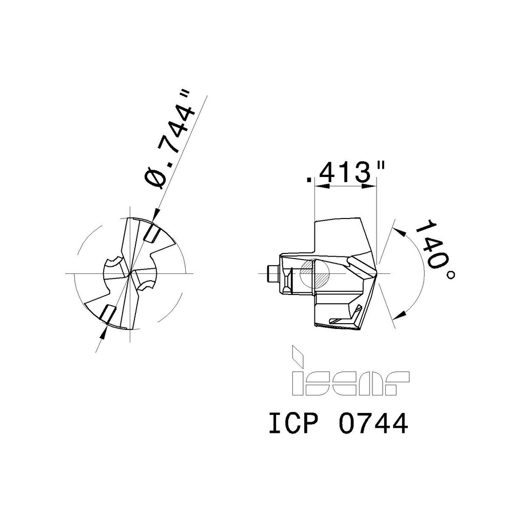 Iscar Replaceable Drill Tips: ICP 0744, 0.7440" Dia, 18.90 mm Dia, 140 deg Point,  IC908 - 5506642