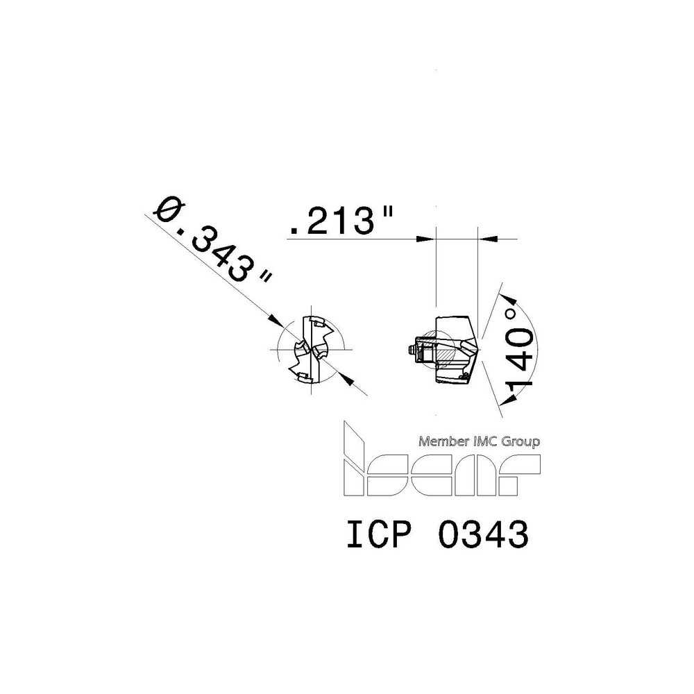 Iscar Replaceable Drill Tips: ICP0343 IC908, 0.3430" Dia, 8.71 mm Dia, 140 deg Point,  IC908 - 5508267