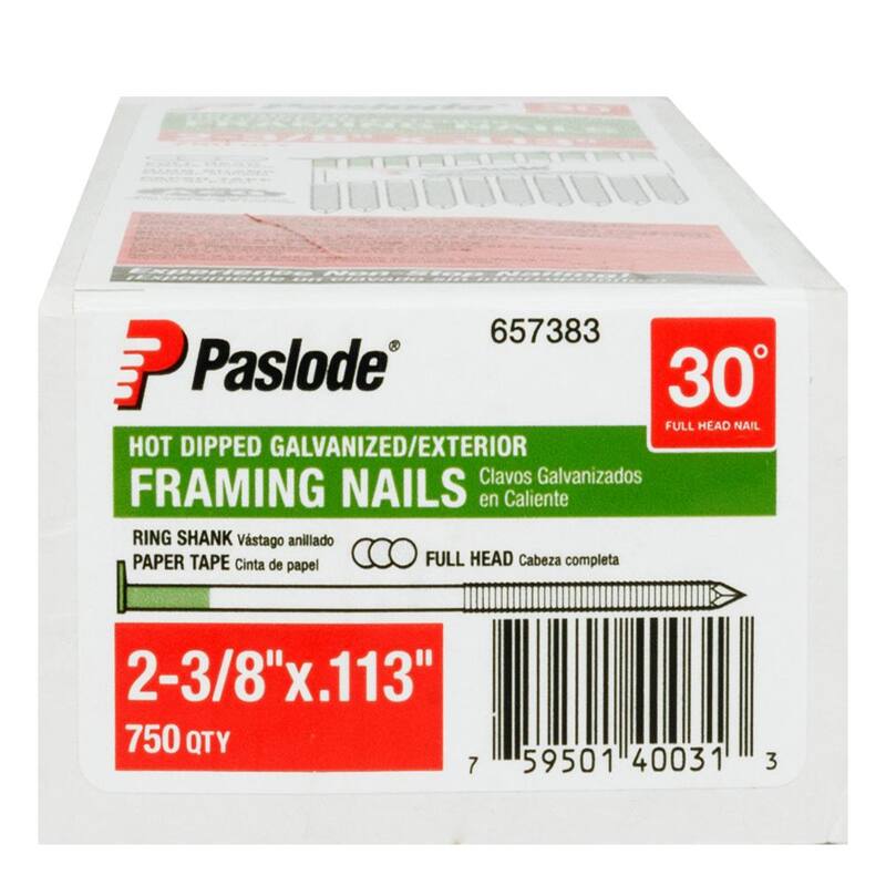 Paslode 2-3/8 in. x 0.113 Round Drive 30-Degree Steel Galvanized Ring Shank Paper Tape Framing Nails (750 per Box) - 657383
