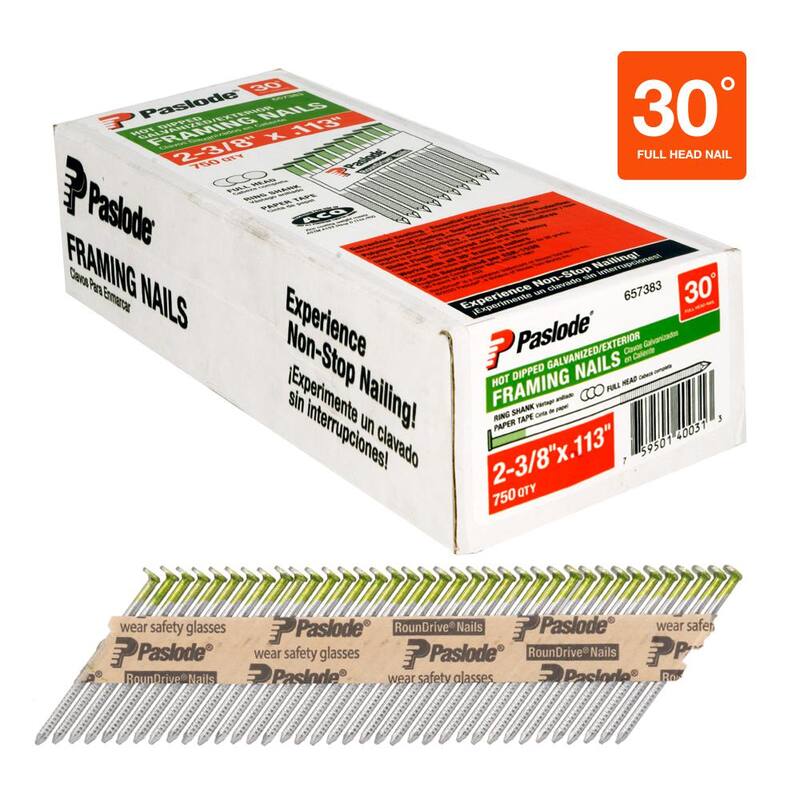 Paslode 2-3/8 in. x 0.113 Round Drive 30-Degree Steel Galvanized Ring Shank Paper Tape Framing Nails (750 per Box) - 657383