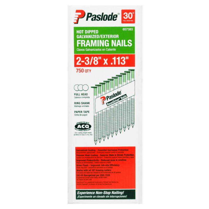 Paslode 2-3/8 in. x 0.113 Round Drive 30-Degree Steel Galvanized Ring Shank Paper Tape Framing Nails (750 per Box) - 657383