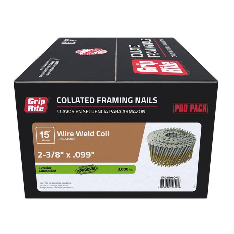 Grip-Rite 2-3/8 in x 0.99 in. 15° Wire Collated Exterior Galvanized Ring Shank Coil Framing Nails 3000 per Box - GRC8R99DHG