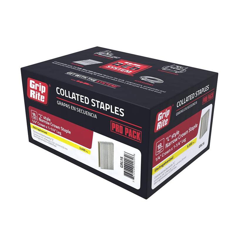 Grip-Rite 1-1/4 in. x 18-Gauge Adhesive Collated Electrogalvanized L-Style Narrow Crown Staples 5000 per Box - GRL15