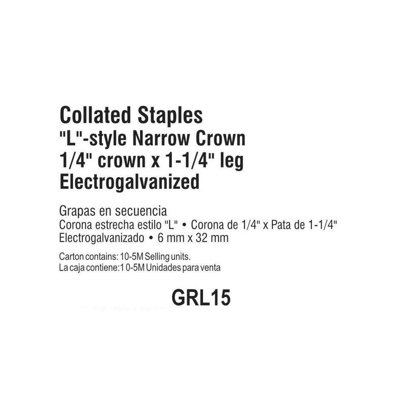 Grip-Rite 1-1/4 in. x 18-Gauge Adhesive Collated Electrogalvanized L-Style Narrow Crown Staples 5000 per Box - GRL15