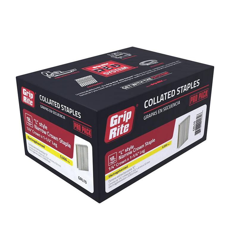 Grip-Rite 1-1/4 in. x 18-Gauge Adhesive Collated Electrogalvanized L-Style Narrow Crown Staples 5000 per Box - GRL15
