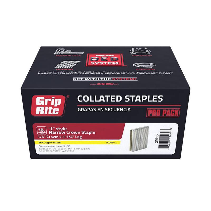 Grip-Rite 1-1/4 in. x 18-Gauge Adhesive Collated Electrogalvanized L-Style Narrow Crown Staples 5000 per Box - GRL15