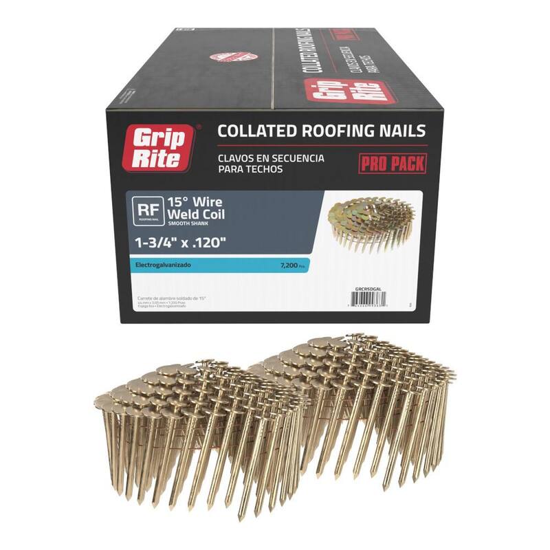 Grip-Rite 1-3/4 in. x 0.120 in. 15° Wire Collated Electrogalvanized Smooth Shank Coil Roofing Nails 7200 per Box - GRCR5DGAL