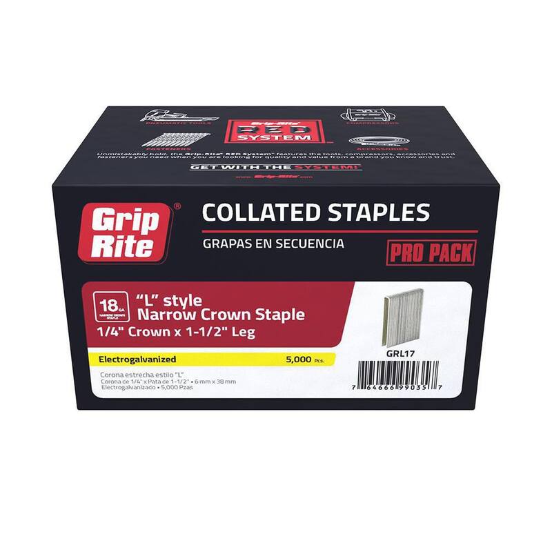 Grip-Rite 1-1/2 in. x 18-Gauge Adhesive Collated Electrogalvanized L-Style Narrow Crown Staples 5000 per Box - GRL17