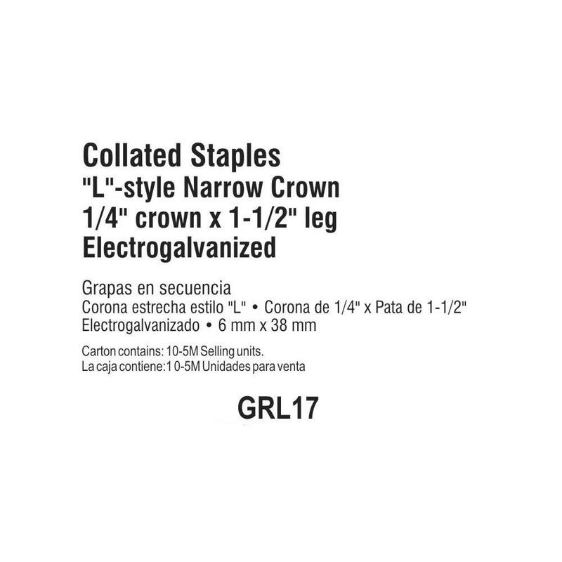 Grip-Rite 1-1/2 in. x 18-Gauge Adhesive Collated Electrogalvanized L-Style Narrow Crown Staples 5000 per Box - GRL17