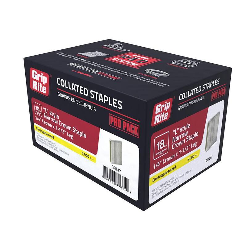 Grip-Rite 1-1/2 in. x 18-Gauge Adhesive Collated Electrogalvanized L-Style Narrow Crown Staples 5000 per Box - GRL17