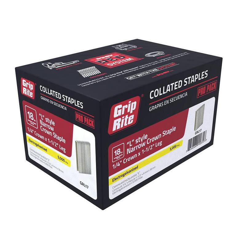 Grip-Rite 1-1/2 in. x 18-Gauge Adhesive Collated Electrogalvanized L-Style Narrow Crown Staples 5000 per Box - GRL17