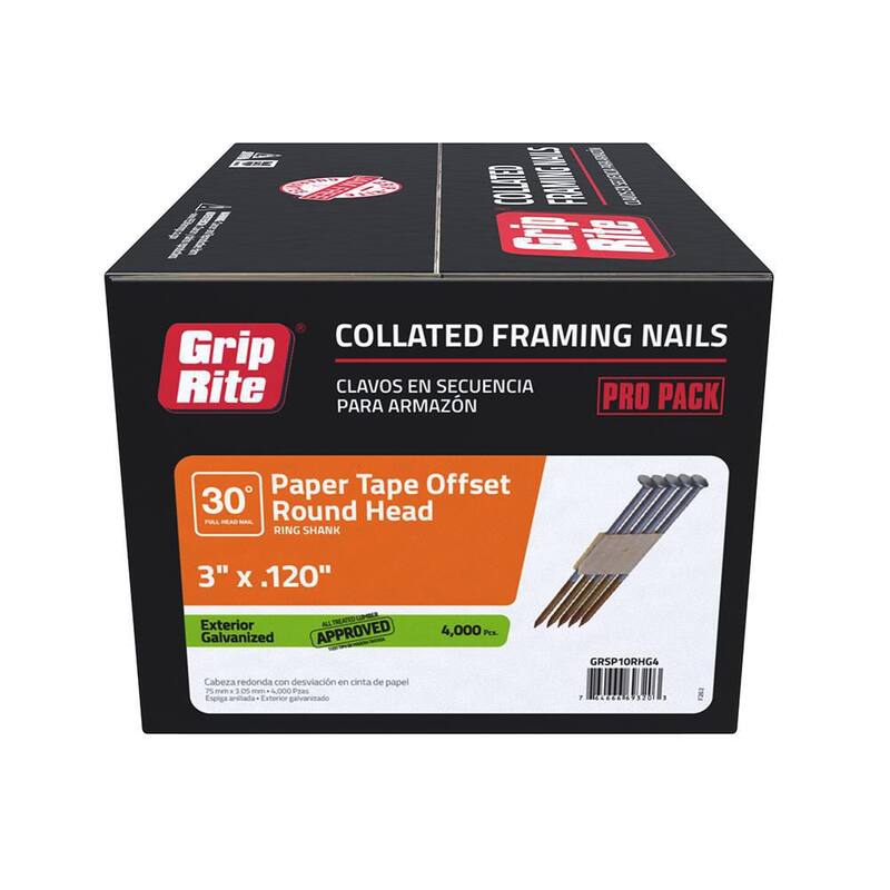 Grip-Rite 3 in. x 0.120 in. 30° Paper Collated Exterior Galvanized Offset Round Head Ring Shank Framing Nails 4000 per Box - GRSP10RHG4