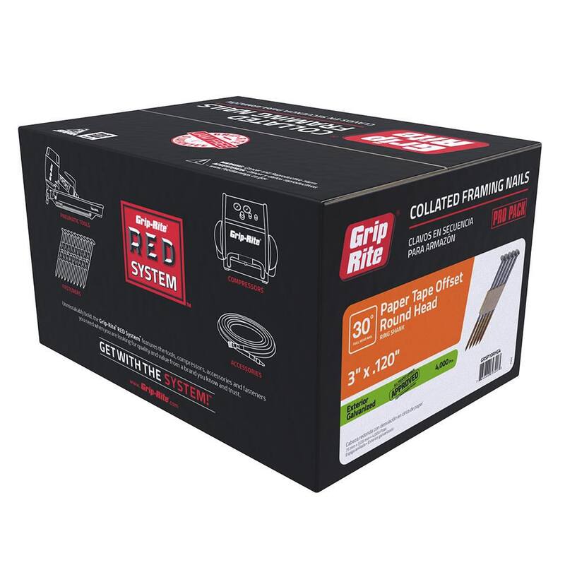 Grip-Rite 3 in. x 0.120 in. 30° Paper Collated Exterior Galvanized Offset Round Head Ring Shank Framing Nails 4000 per Box - GRSP10RHG4