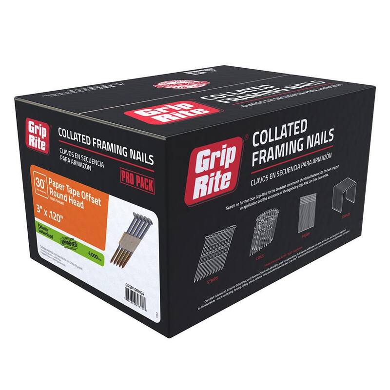 Grip-Rite 3 in. x 0.120 in. 30° Paper Collated Exterior Galvanized Offset Round Head Ring Shank Framing Nails 4000 per Box - GRSP10RHG4