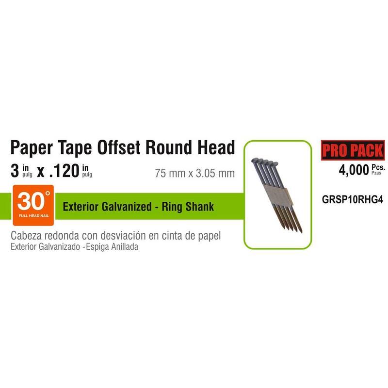 Grip-Rite 3 in. x 0.120 in. 30° Paper Collated Exterior Galvanized Offset Round Head Ring Shank Framing Nails 4000 per Box - GRSP10RHG4