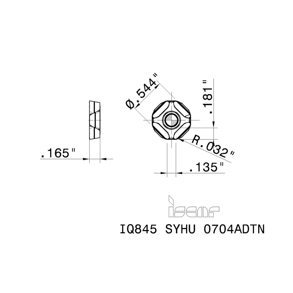 Iscar Milling Insert: ANSI IQ845 SYHU 0704ADTN IC5100, ISO IQ845 SYHU 0704ADTN, IC5100, Solid Carbide - 5607525